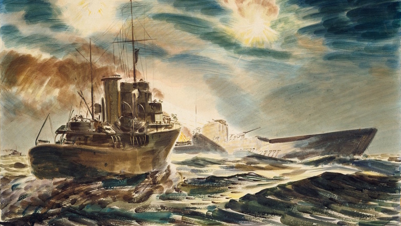 ©Russell Clark/Creative Commons Attribution 3.0 New Zealand Licence/teara.govt.nzКартина Рассела Кларка "Новозеландский тральщик «Киви» атакует японскую подводную лодку у Соломоновых островов"