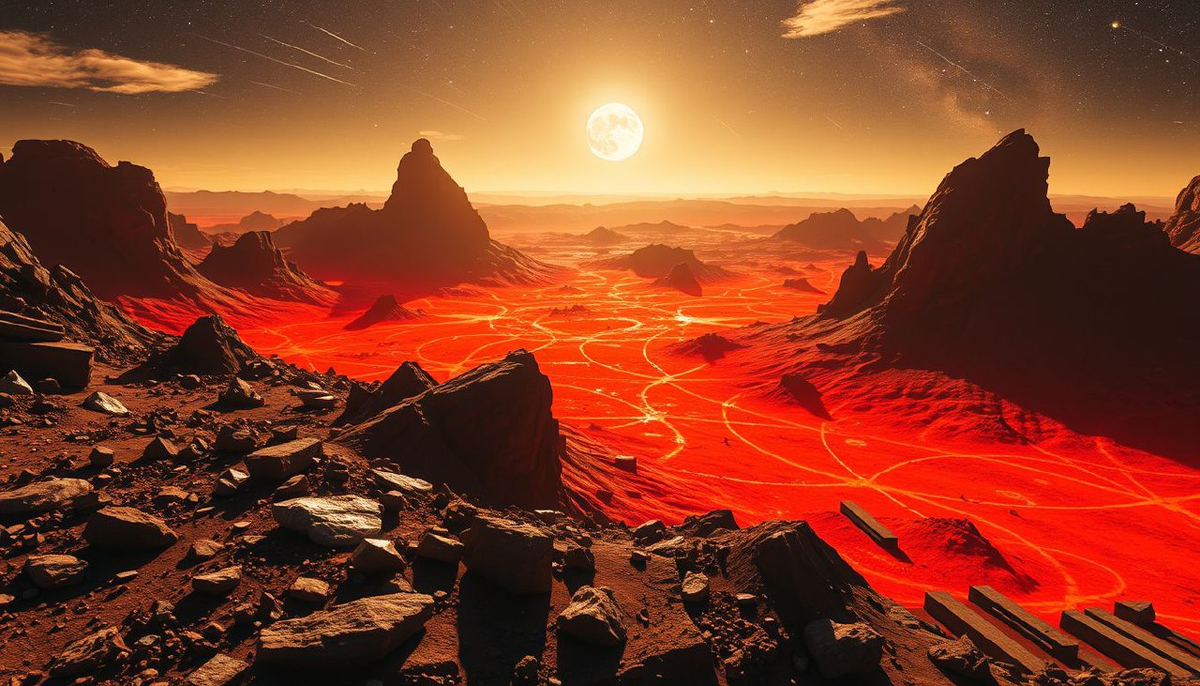 В зоне геомагнитной аномалии:  
«Магнитное поле втрое сильнее земного. Раскалённые алмазы вибрируют, генерируя низкочастотный гул. В горизонте сверкает искривлённый мираж двойной звезды 55 Cancri B — белый карлик, искажающий пространство-время. Под ногами — сеть алмазных пещер, где атмосфера плотнее, а сила тяжести почти нулевая.»
