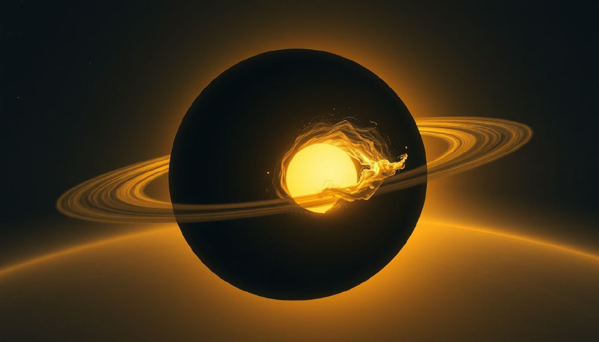 Искривлённый шар угольно-чёрного цвета медленно вращается вокруг желтоватой звезды. Приливные силы вытягивают его атмосферу, образуя светящийся шлейф из раскалённого газа. Каждые 26 часов планета совершает полный оборот, её деформированная тень скользит по звезде, словно предсмертный танец.