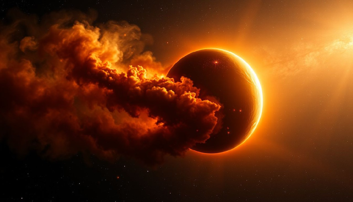 Звезда WASP-12 буквально пожирает своего компаньона. Спектрометры фиксируют гигантское облако из испарённой материи, растянувшееся на миллионы километров. Ночная сторона планеты светится тусклым багрянцем — следствие чудовищного перепада температур между днём и ночью.