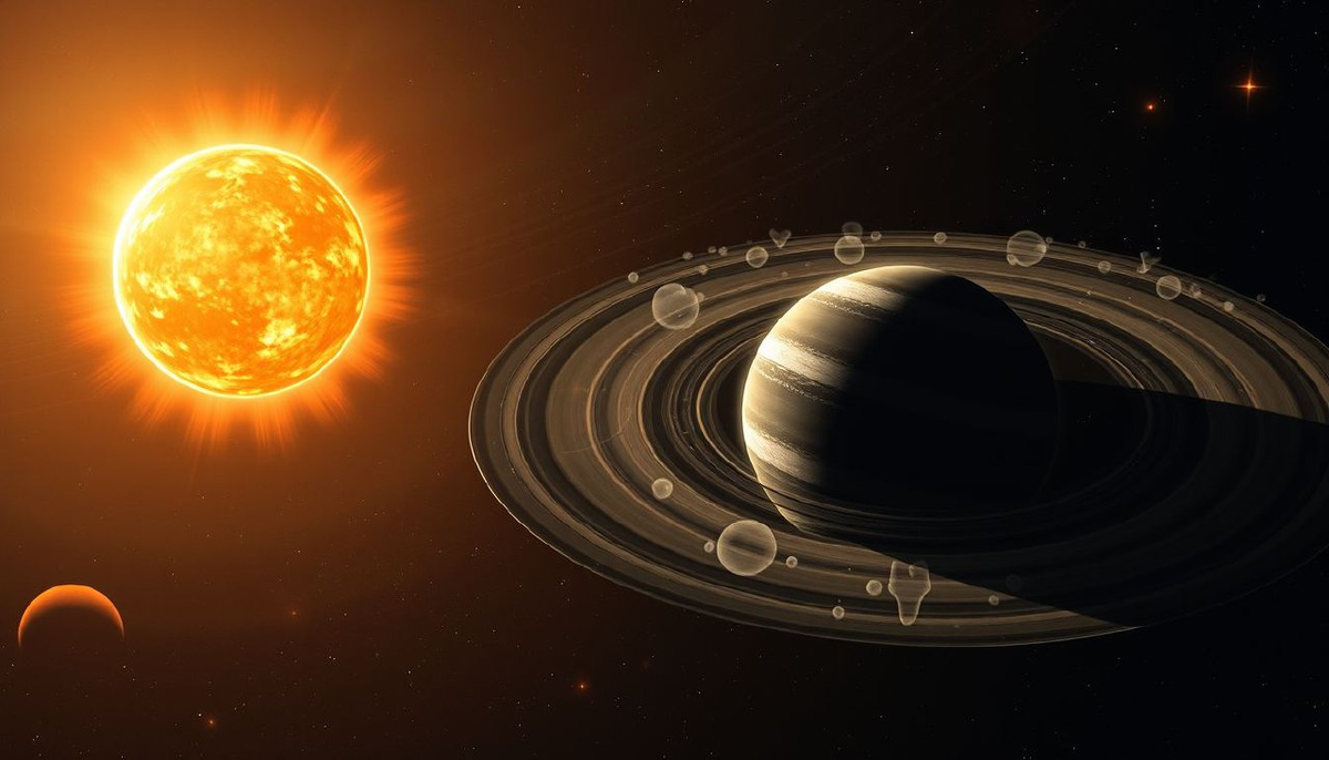  Две звезды — оранжевый и красный карлики — кружатся в идеальной синхронности. Вокруг них, будто часовой механизм, движется газово-ледяная планета. Её орбита отбрасывает двойную тень на кольца пыли, оставшиеся после формирования системы. Полярные сияния, вызванные звёздным ветром, окутывают планету светящимся ореолом.