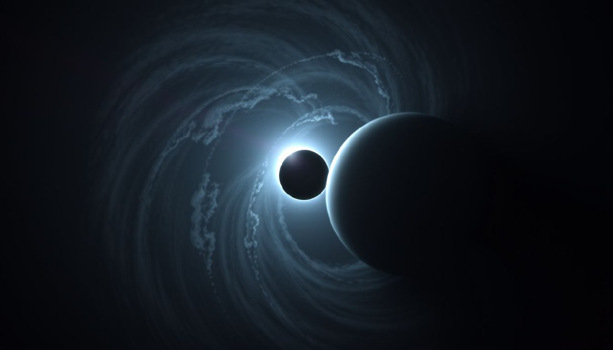 В системе Kepler-16 каждые 229 дней происходит уникальное явление — тройное затмение. Планета проходит перед обеими звёздами,
превращая их свет в мерцающий дуэт. На фоне тусклого красного карлика выделяются гигантские штормы в верхних слоях атмосферы Kepler-16b, напоминающие спирали из ледяных кристаллов.