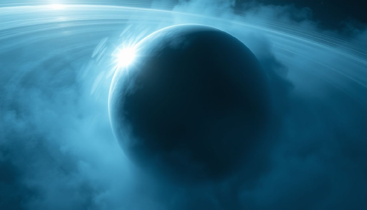 Орбитальная перспектива  
GJ 1214b предстаёт как тускло-голубой шар, окутанный плотной пеленой пара. Солнечный свет, отражаясь от атмосферы, создаёт мерцающий ореол, скрывающий поверхность. Инфракрасные сенсоры показывают тепловые аномалии — вероятные следы подповерхностных течений. На полюсах заметны гигантские вихри, где пар конденсируется в жидкость, образуя временные «океанические циклоны».