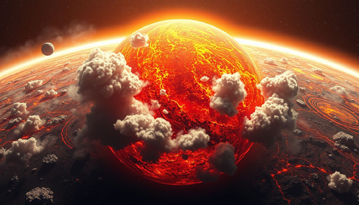 Вид из космоса: Лавовая мозаика  
Планета напоминает расплавленный драгоценный камень. Дневная сторона светится ярко-оранжевым из-за лавовых океанов, где породы кипят при 2500°C. Атмосфера — плотная дымка из испарённых металлов и силикатов, которая постоянно уносится солнечным ветром к ночной стороне. На терминаторе видны гигантские штормы: пары минералов конденсируются в каменные облака, образуя причудливые структуры.