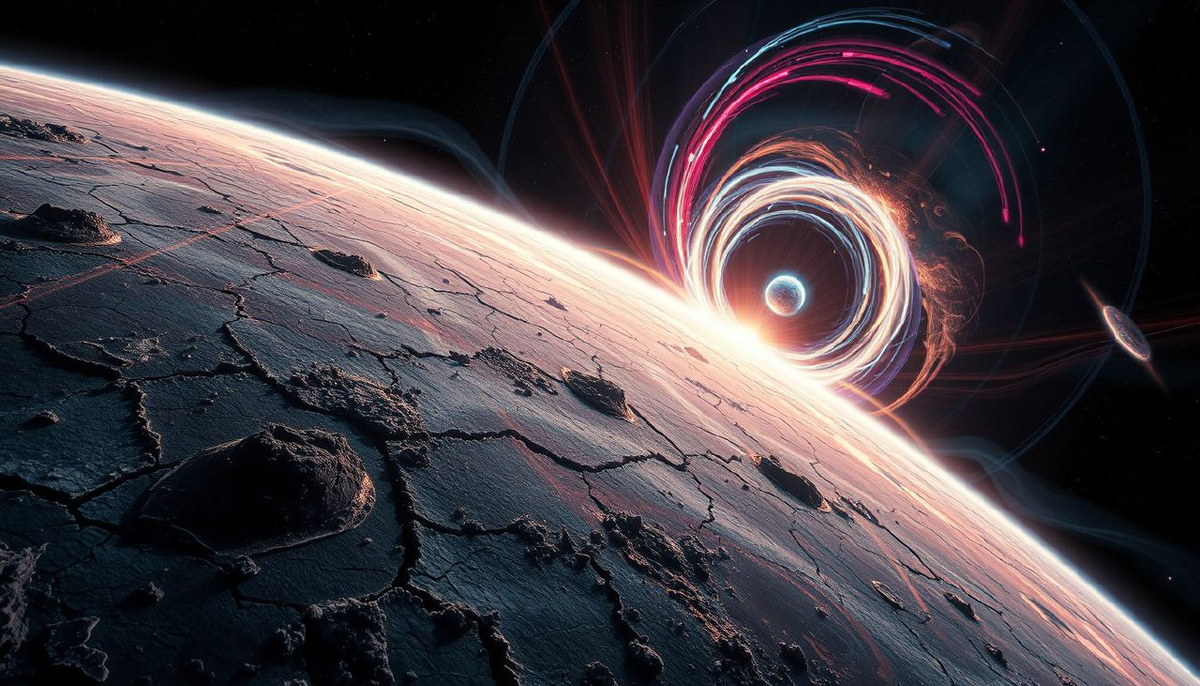 Вид из космоса: Мир контрастов  
Ночная сторона покрыта ледяным панцирем из застывших базальтов при -233°C. Гигантские трещины на поверхности свидетельствуют о тектонической активности, вызванной приливными силами. Над терминатором бушуют сверхзвуковые ветра — раскалённые газы с дневной стороны сталкиваются с холодной атмосферой, создавая плазменные вихри.
