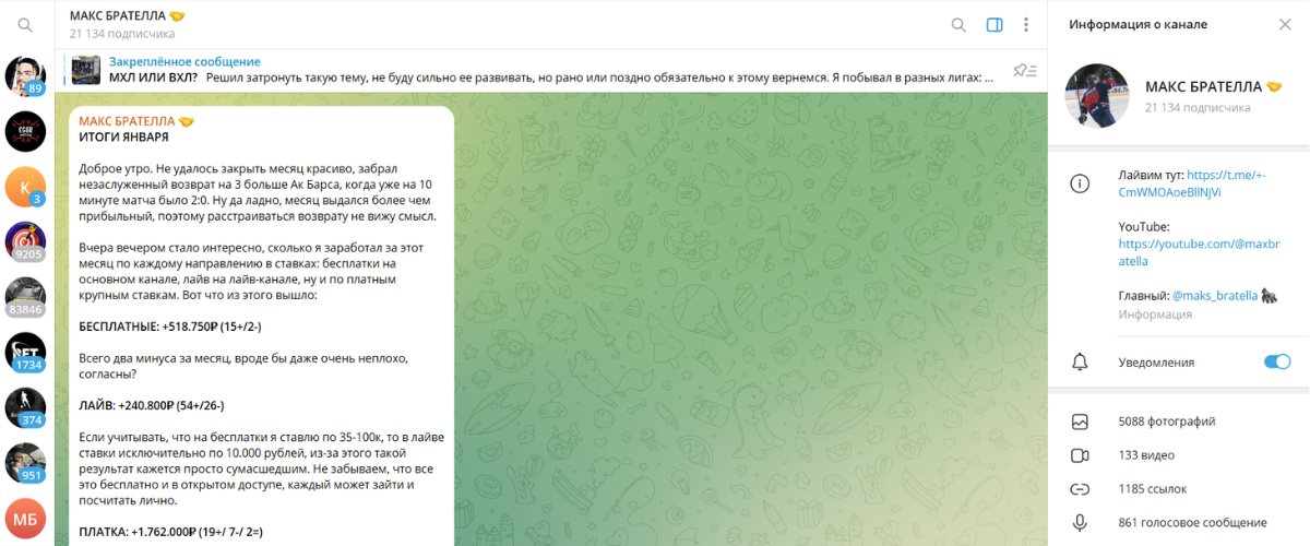 Статистика из канала в телеграмм «МАКС БРАТЕЛЛА»