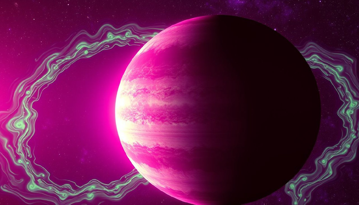 В ультрафиолетовом спектре планета демонстрирует два лица: плазменные выбросы на дневной стороне и флуоресцирующие минеральные облака на границе световых зон. Спектрографы показывают гигантские магматические ураганы, оставляющие следы из оксидов кальция и титана. Орбитальные снимки запечатлели реки жидкого базальта длиной до 3000 км, текущие к раскалённому полушарию.