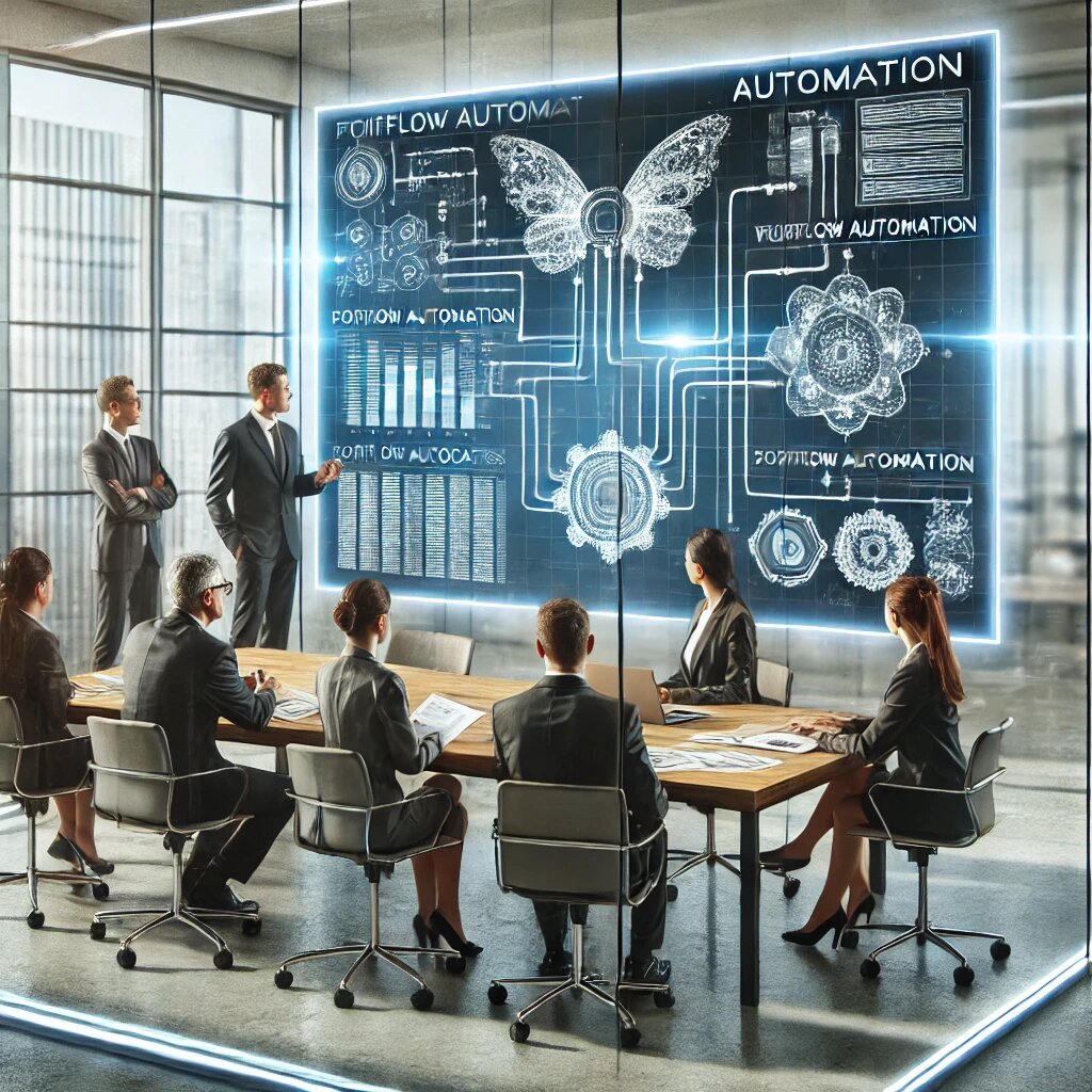  Изображение: группа сотрудников обсуждает автоматизированные процессы на фоне цифрового экрана.