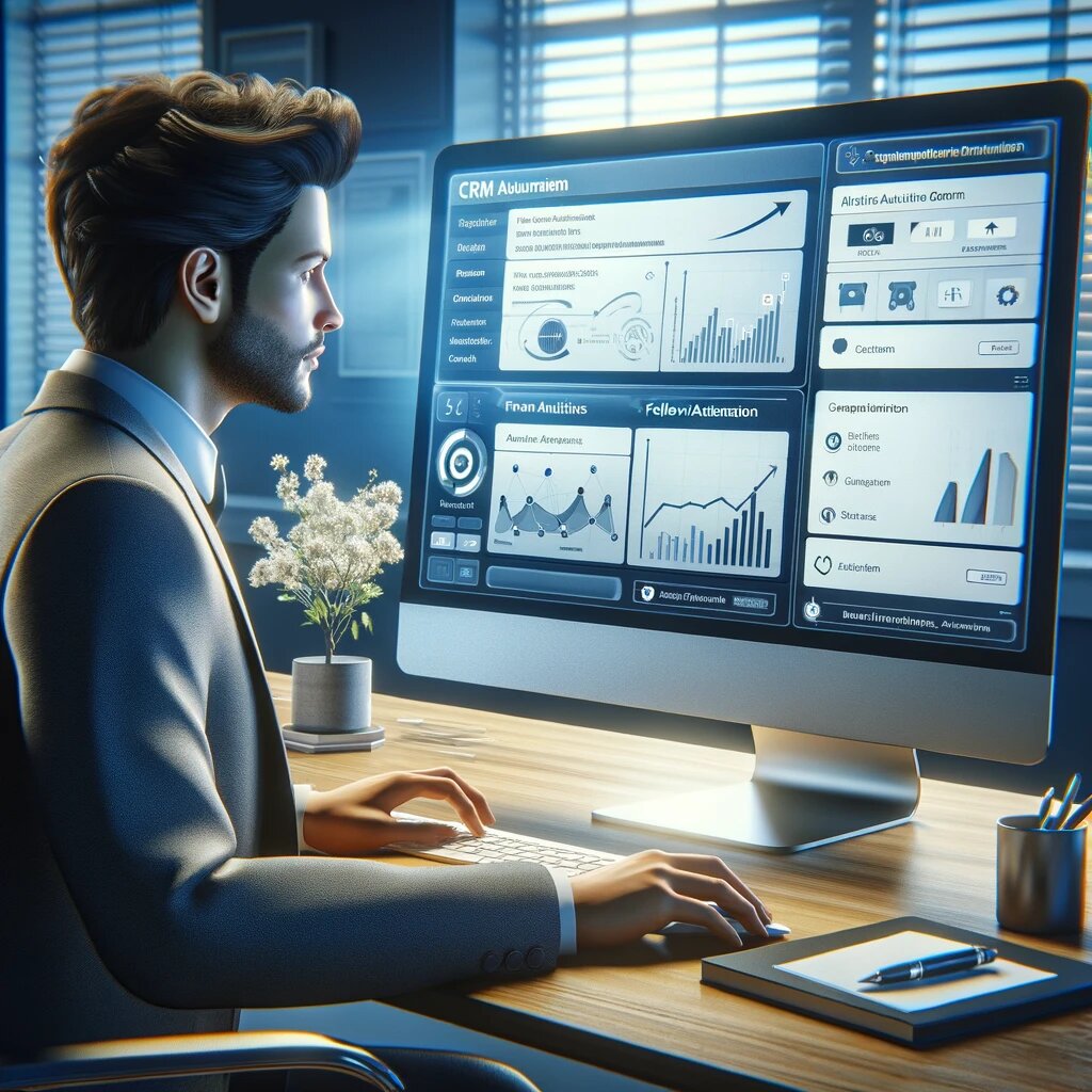 Изображение: работник офиса на рабочем месте смотрит на экран компьютера, где отображается CRM-система с аналитическими данными.