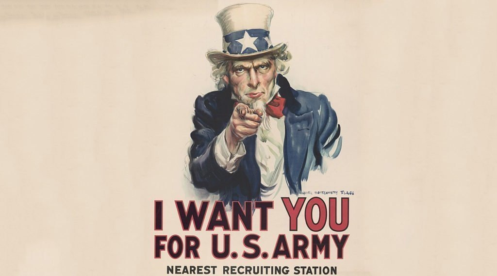 Дядя Сэм на известном плакате, вербующем солдат на Первую мировую войну. Художник Дж. М. Флэгг, 1917 год
