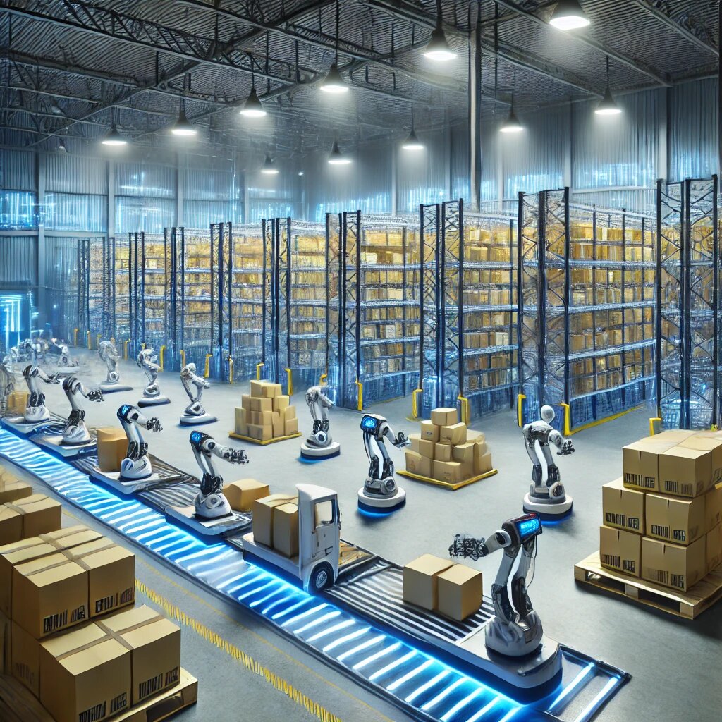 Автоматизированный склад – роботы перемещают товары, а система WMS управляет инвентаризацией.