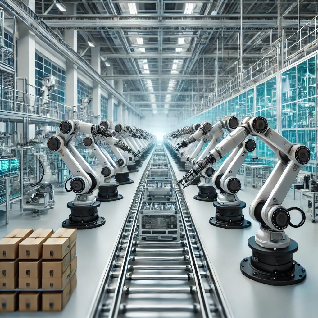 Роботизированная производственная линия – современный завод с роботизированными манипуляторами.