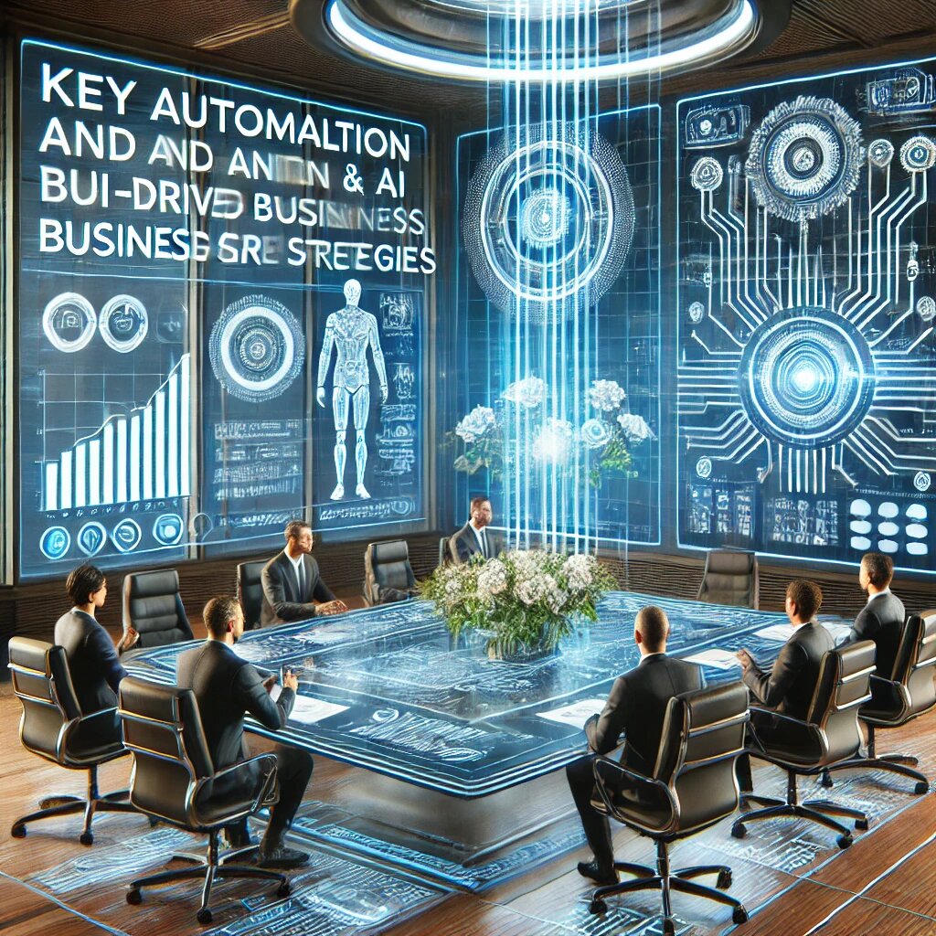 Футуристическая деловая встреча, где руководители обсуждают внедрение новых технологий, глядя на большой цифровой экран с ключевыми стратегиями роста.