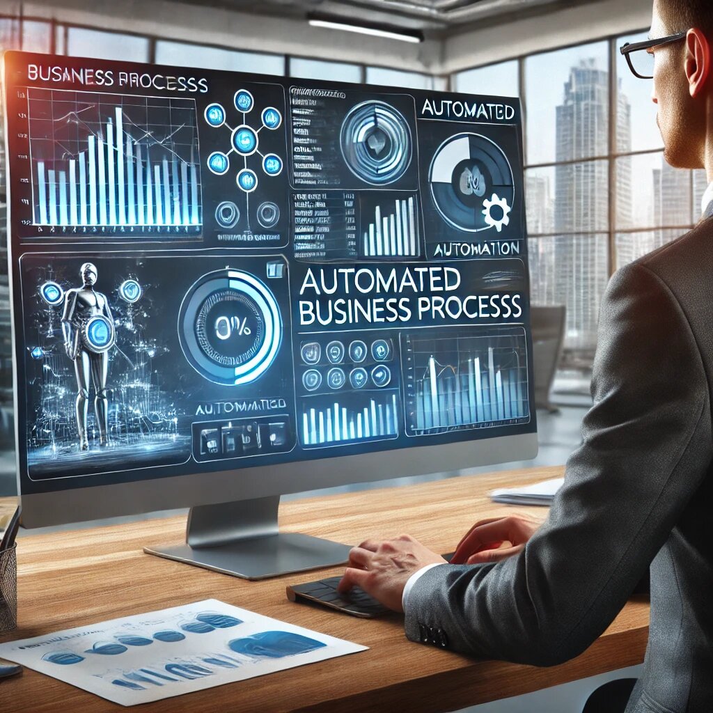 Бизнес-аналитик изучает цифровую панель с автоматизированными бизнес-процессами и показателями эффективности в современном офисе.