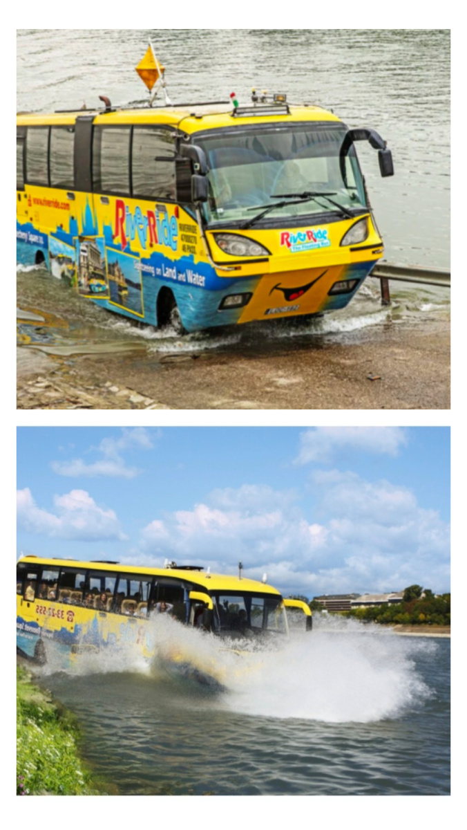 Вот такой автобус едет по улицам Будапешта, а потом плывет по реке. Настоящий Летучий голландец! А у нас, так, призрак.