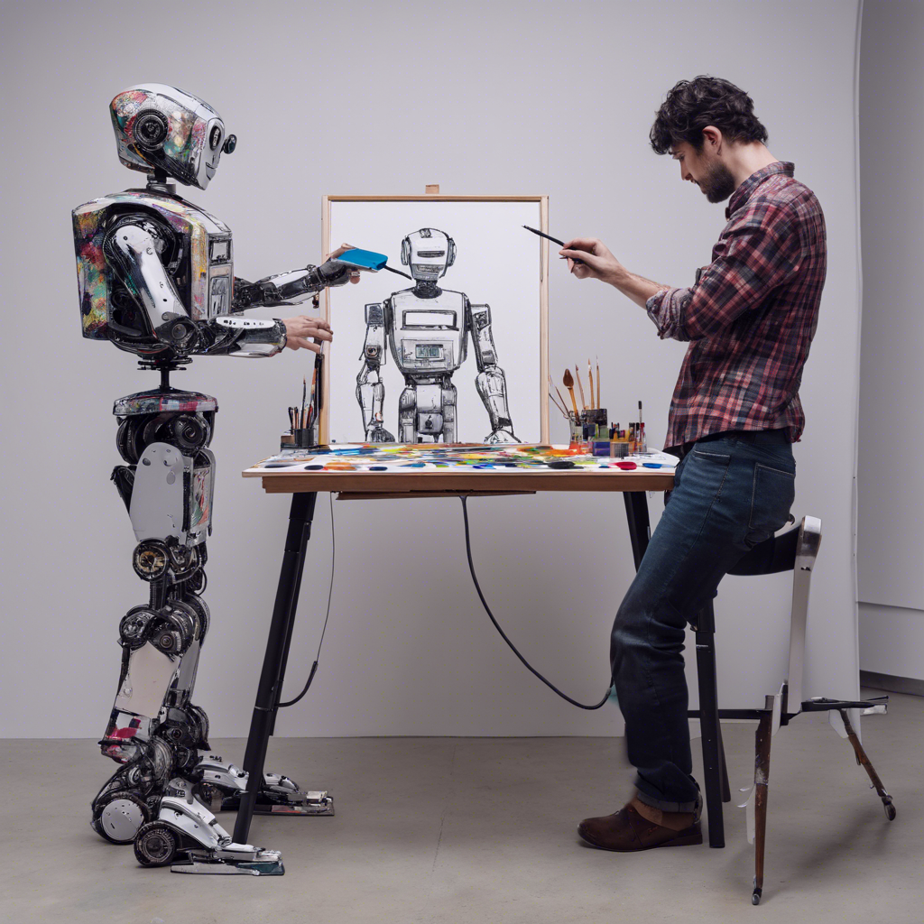 Робот с стилусом рисует картину рядом с художником-человеком