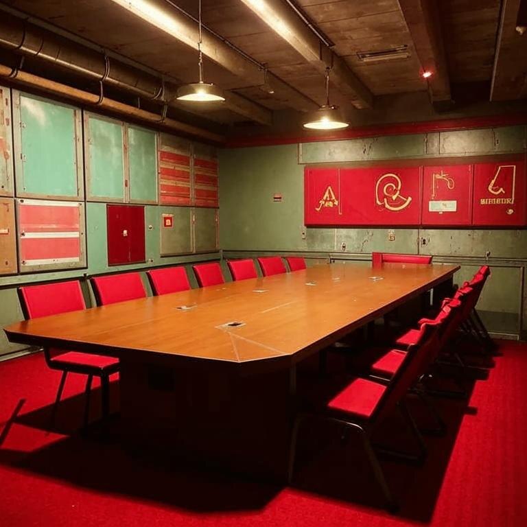 Восстановленный конференц-зал правительственного бункера с оригинальной мебелью 1970-х годов