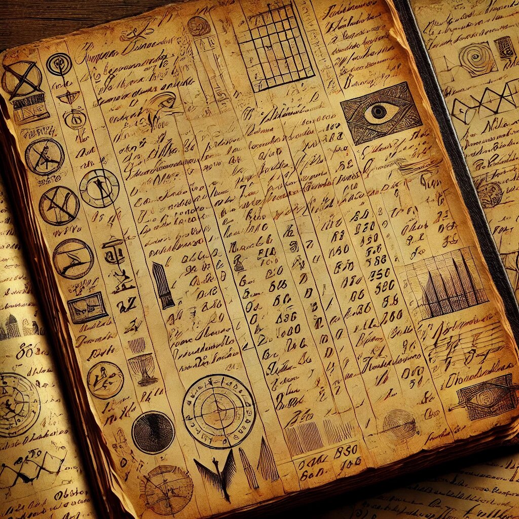 Старинная торговая книга с таинственными записями и схемами