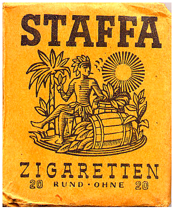 "Staffa" Rund - Ohne. Германия, конец 1940-х годов. 20 штук в мягкой упаковке. Цена (была) 2,80 марок. Производитель: Süddeutsche Tabakmanufaktur GmbH, Шпайер/Рейн. Владелец торговой марки: Süddeutsche Tabakmanufaktur GmbH.