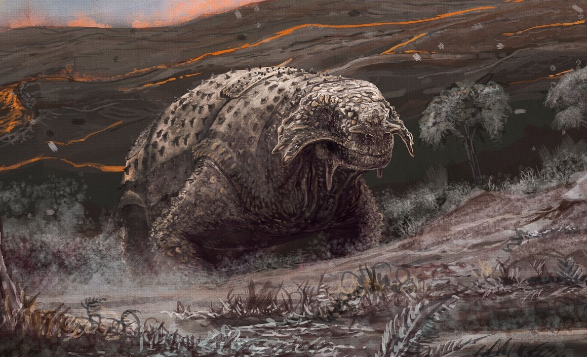 Да, этого скутозавра к моменту вымирания которое происходит на заднем плане уже не было.