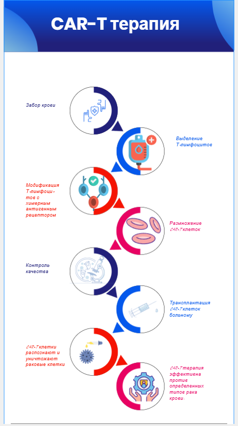 Терапия CAR-T-клетками (Chimeric Antigen Receptor T-Cell, или T-клетки с химерным антигенным рецептором). При CAR-T-терапии пациенту вводится собственные или донорские измененные клетки. 