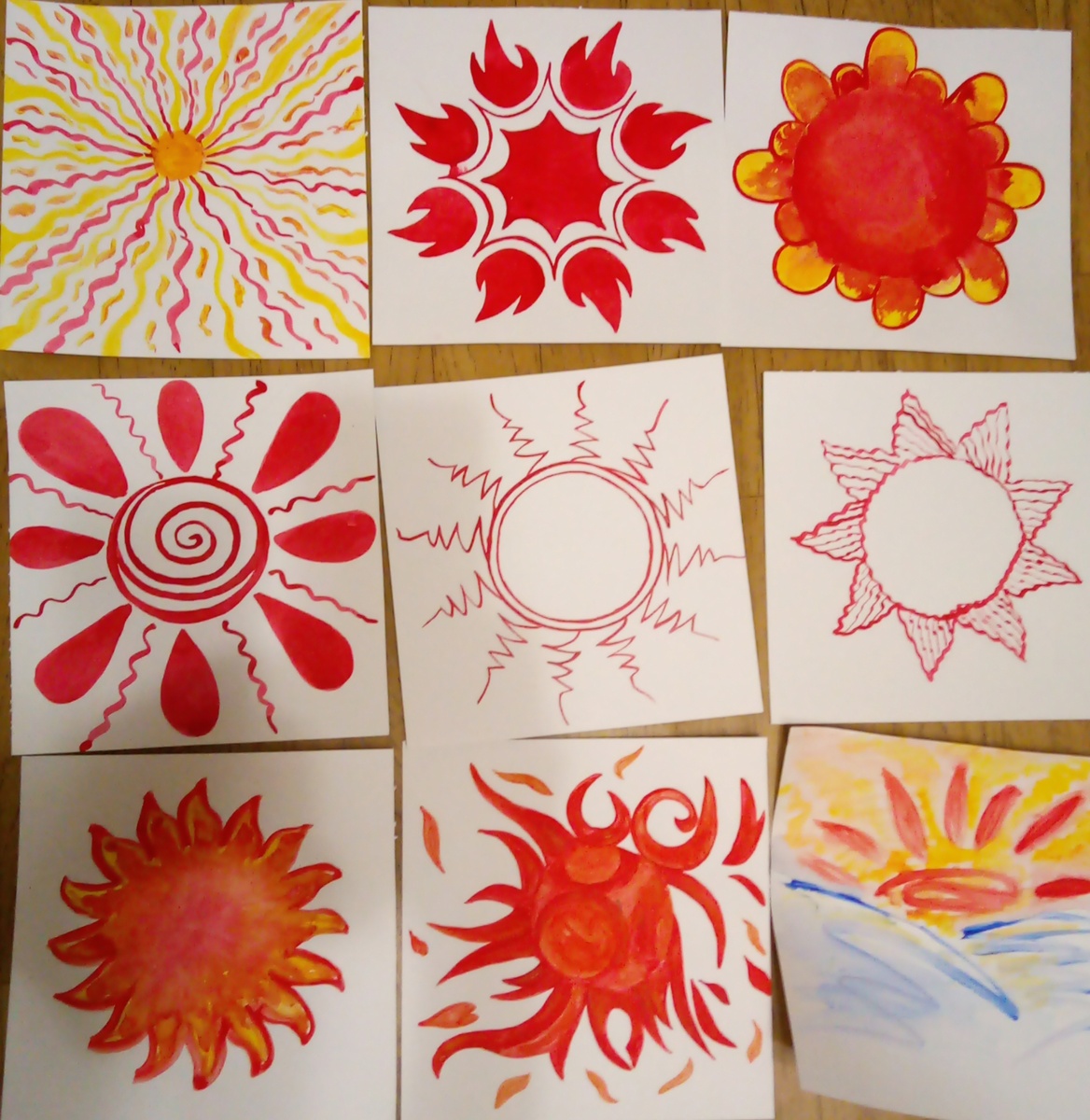 Варианты рисунков солнца, созданные мной в качестве примеров для детей.