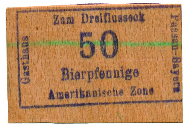 Пассау, ресторан "Драйфлюсек": 50 пивных пфеннигов, без даты (1946/1947) на материале спичечных коробков.