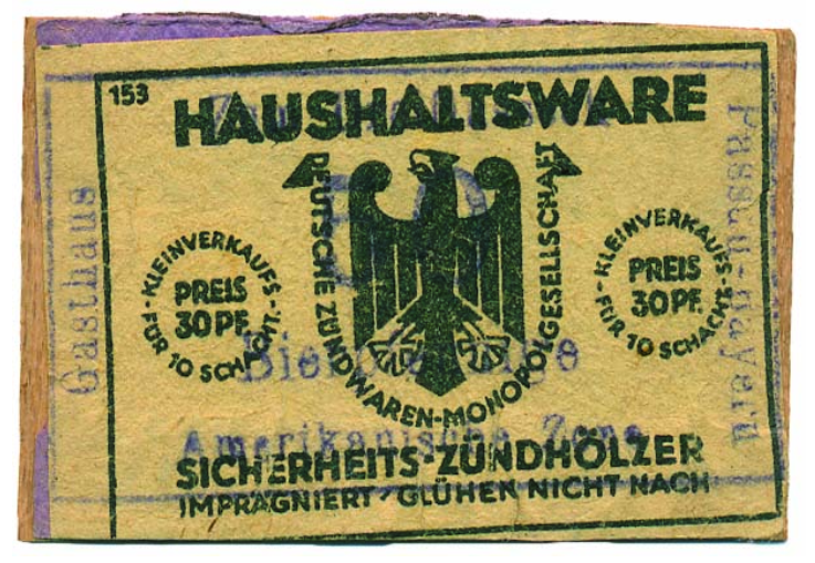 Пассау, гостиница "Драйфлюсек": 50 пивных пфеннигов, без даты (1946/1947) на материале спичечных коробков.