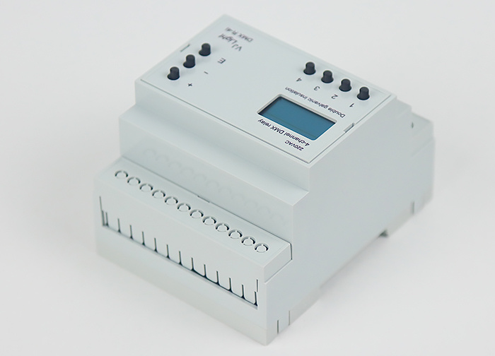 VJLight DMX R-4i - DMX реле на DIN рейку 4 канала по 16F/250VAC на канал с двойной гальванической развязкой, OLED экраном и винтовыми клеммниками. https://shop.show-device.ru/VJLight-DMX-R-4i.html