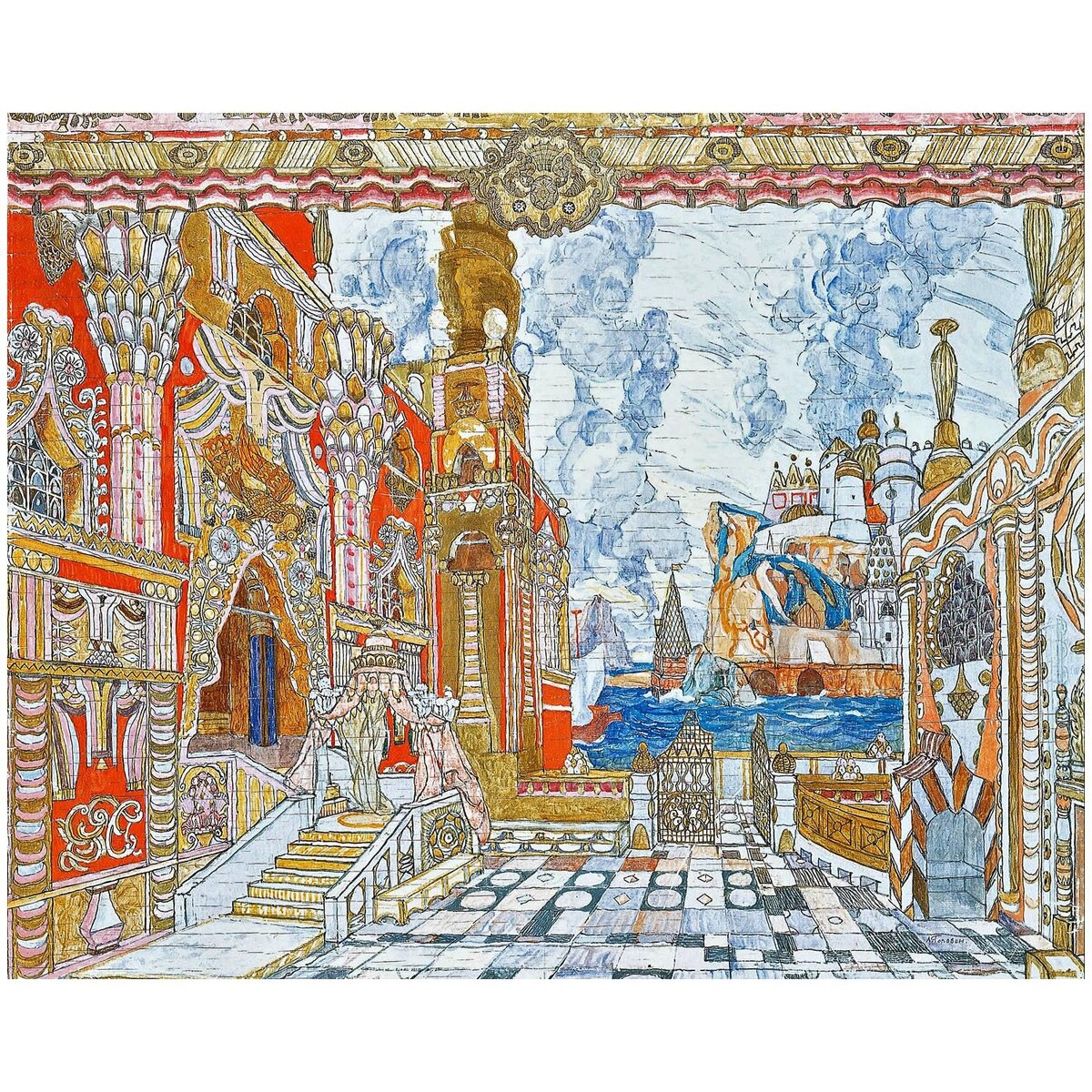 А. Головин. «Сказка о царе Салтане». Эскиз декорации. 1907. Киевская картинная галерея