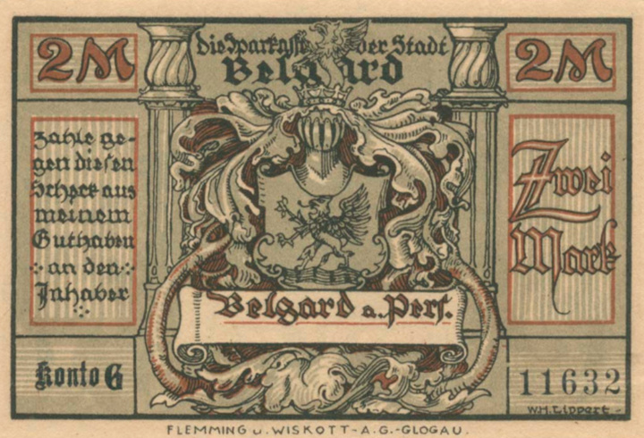 Нотгельд Бельгарда на 2 марки, в виде мелкого чека сберегательного банка (аверс)