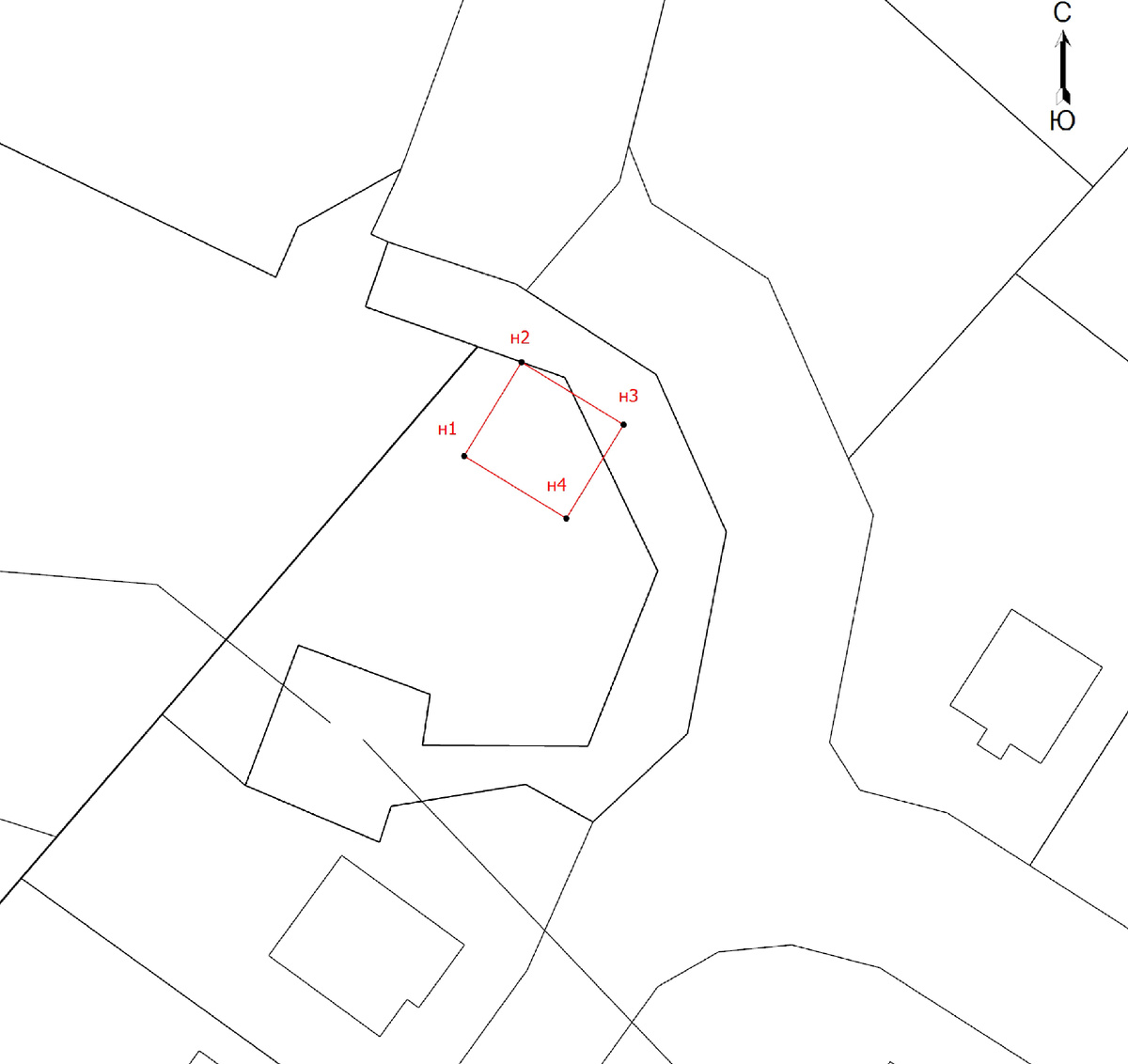Все обозначения номеров заранее мною убраны,  красным цветом отображен контур здания, черным - границы участков по данным ЕГРН