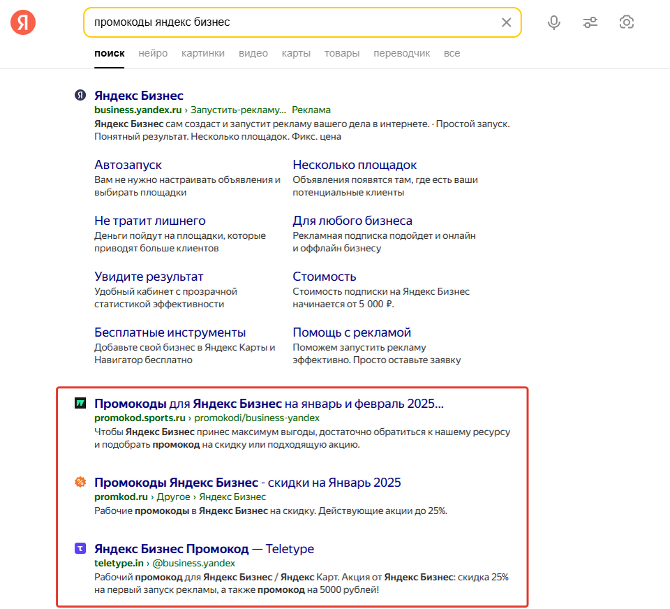 Скриншот выдачи Яндекса по запросу "промокоды Яндекс Бизнес"