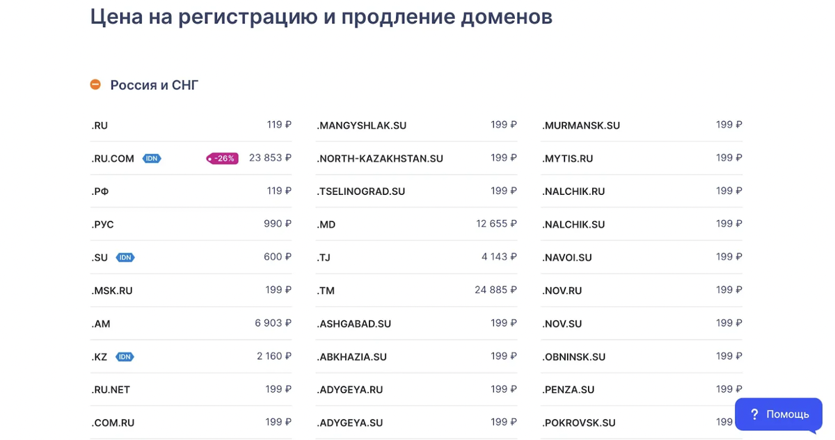 Тарифы на регистрацию доменного имени у «Рег.ру»
