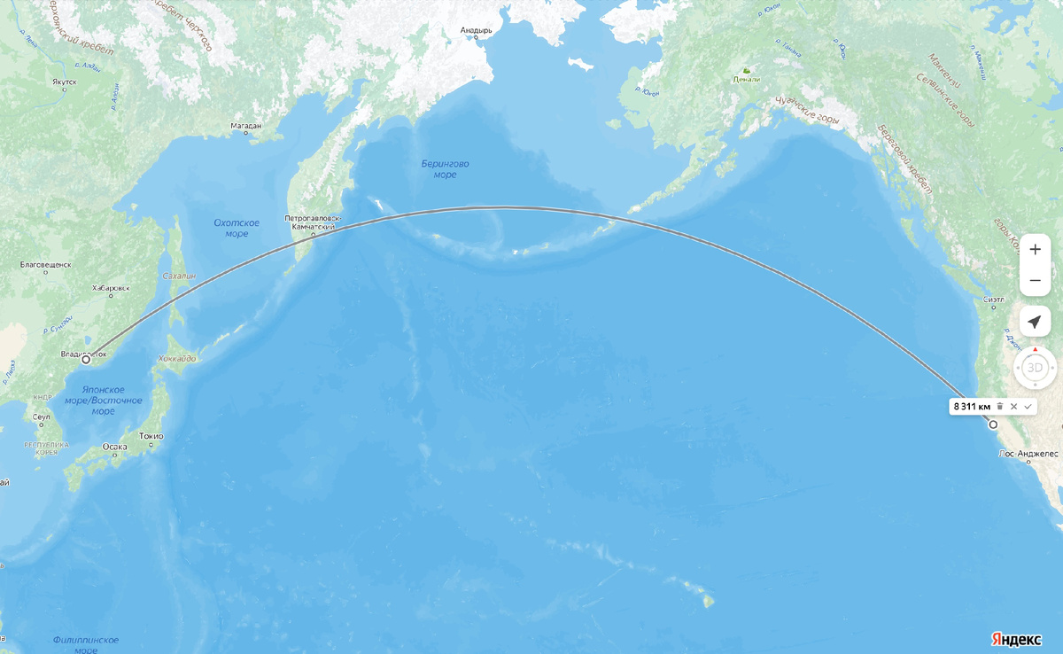 Расстояние между Сан-Франциско и Владивостоком. 