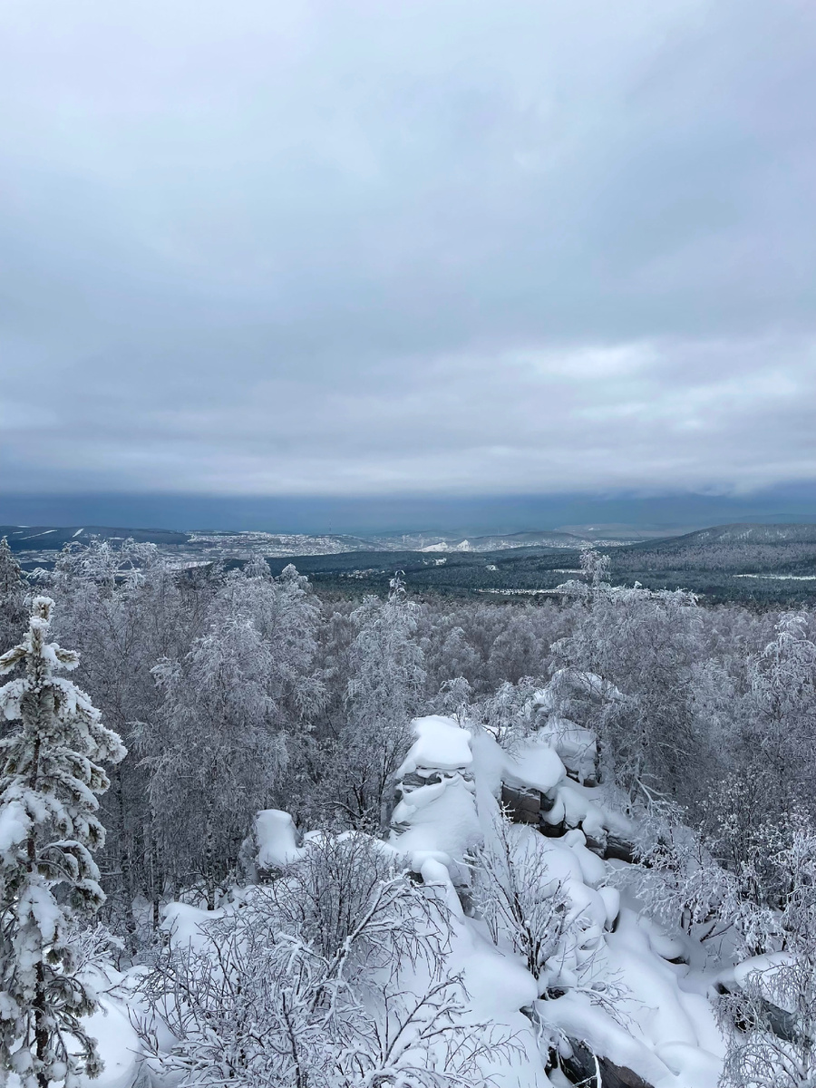 Вид на долину Златоуста с горы Семибратка. Фото автора. Февраль 2025 год 