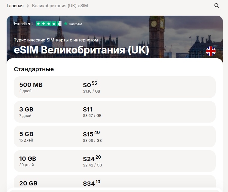 Тарифы для Великобритании от Yesim
