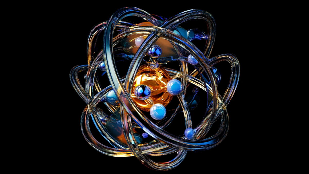 Футуристическая модель атомного ядра с дополнительными слоями нейтронов, демонстрирующая теоретическую стабильность элементов в области трансуранов. Фото: AI