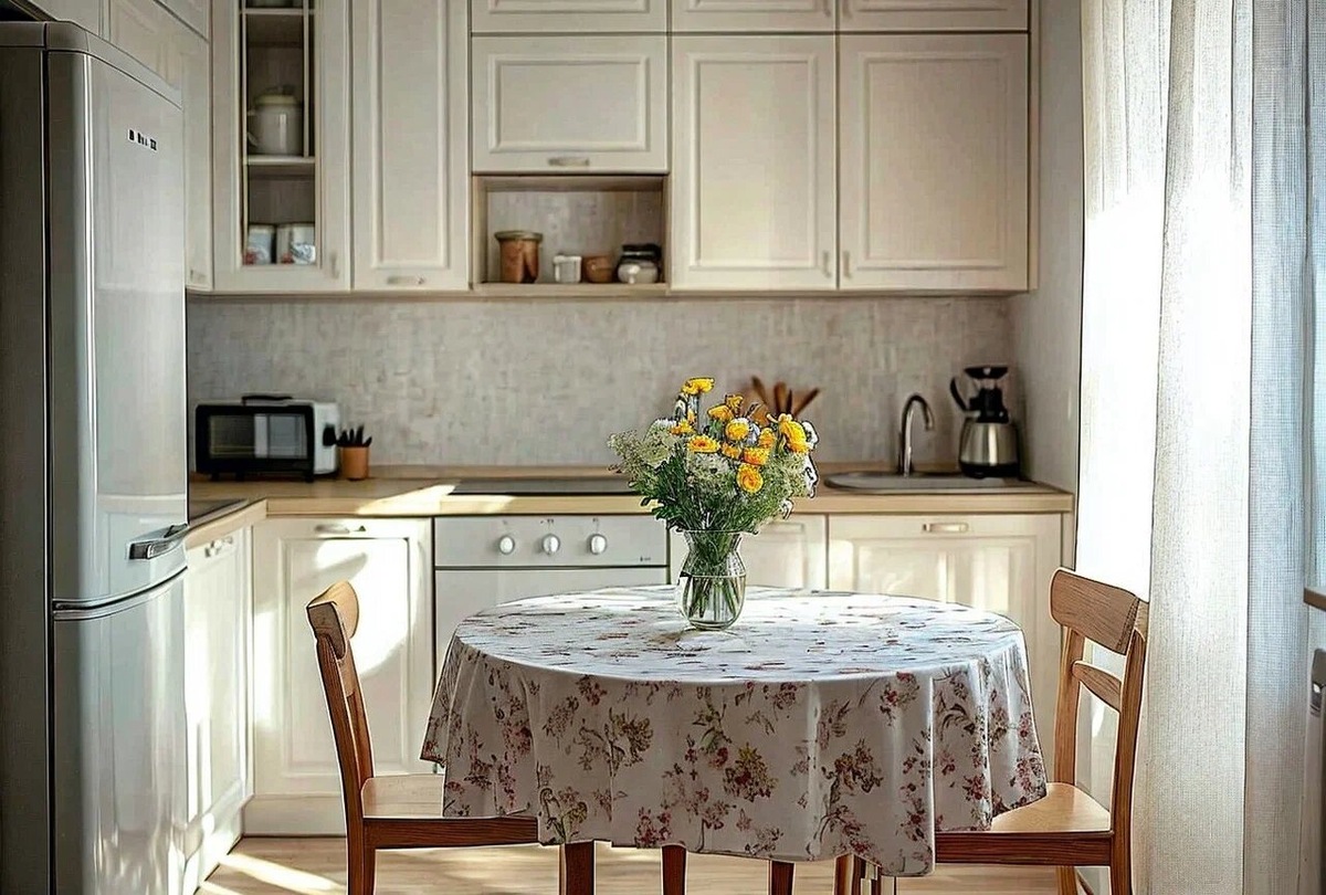 Легкие шторы и цветы придают кухне свежий вид