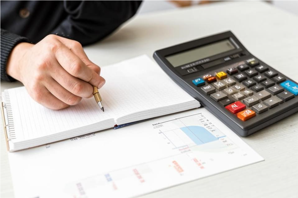 Человек с калькулятором и блокнотом, составляющий бюджет. Это подчеркнет важность финансового планирования.