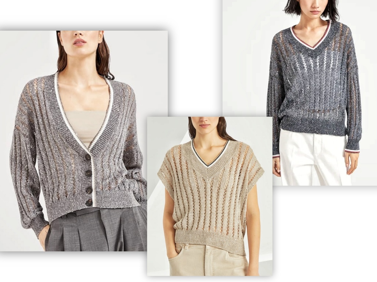 Кардиган, джемпер и безрукавка от Кучинелли, связанные простым ажурным узорм