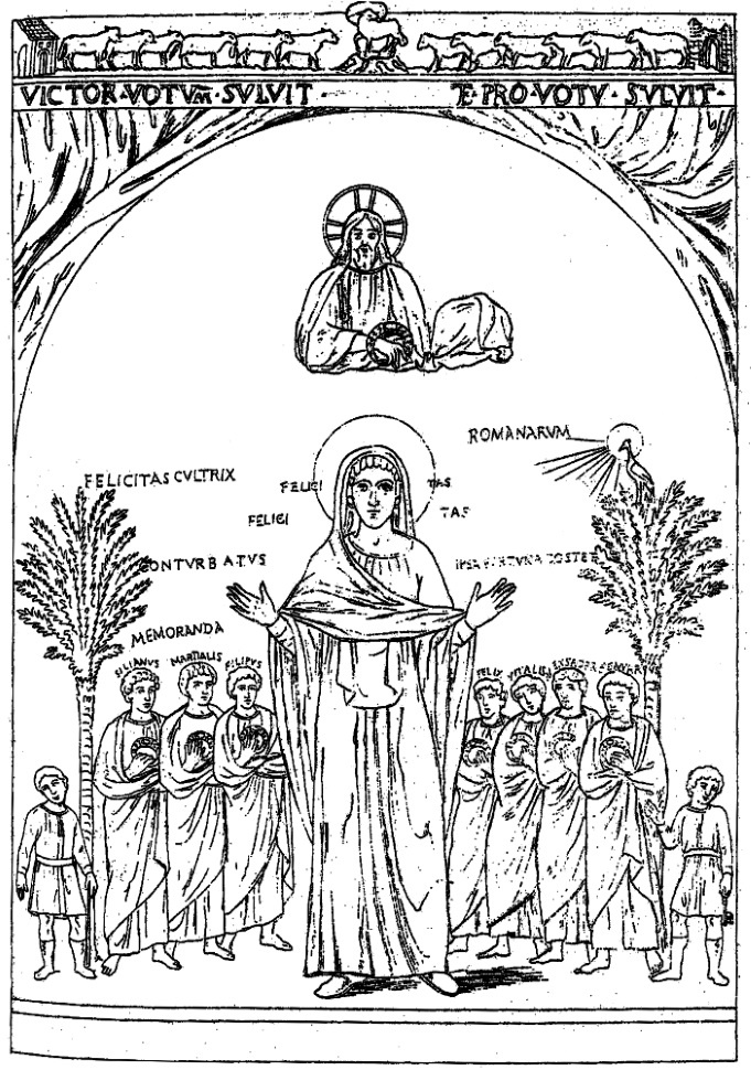 Рисунок с ныне утраченной фрески VIII в. в христианской часовне Рима.