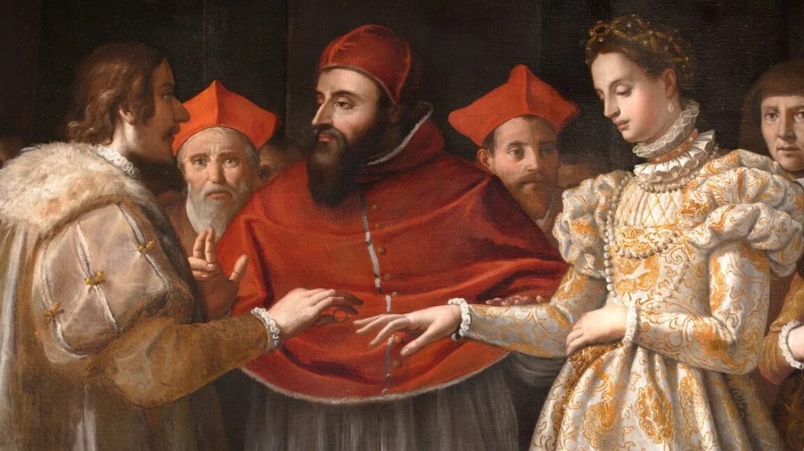 Так изображали венчание Генриха Валуа и Екатерины Медичи; Климент посередине