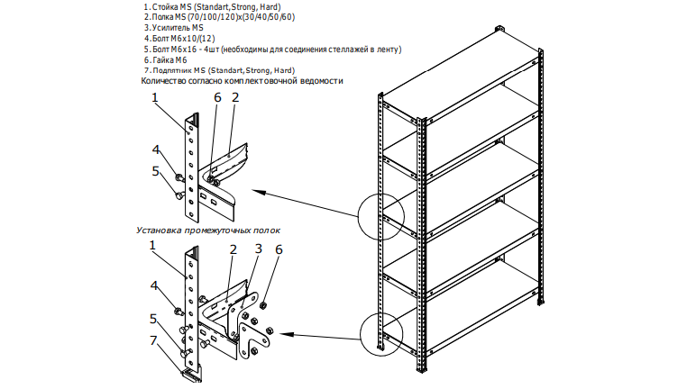 Фрагмент схемы сборки стеллажей, установка нижней полки на стеллаж  MS (Standart, Strong, Hard)