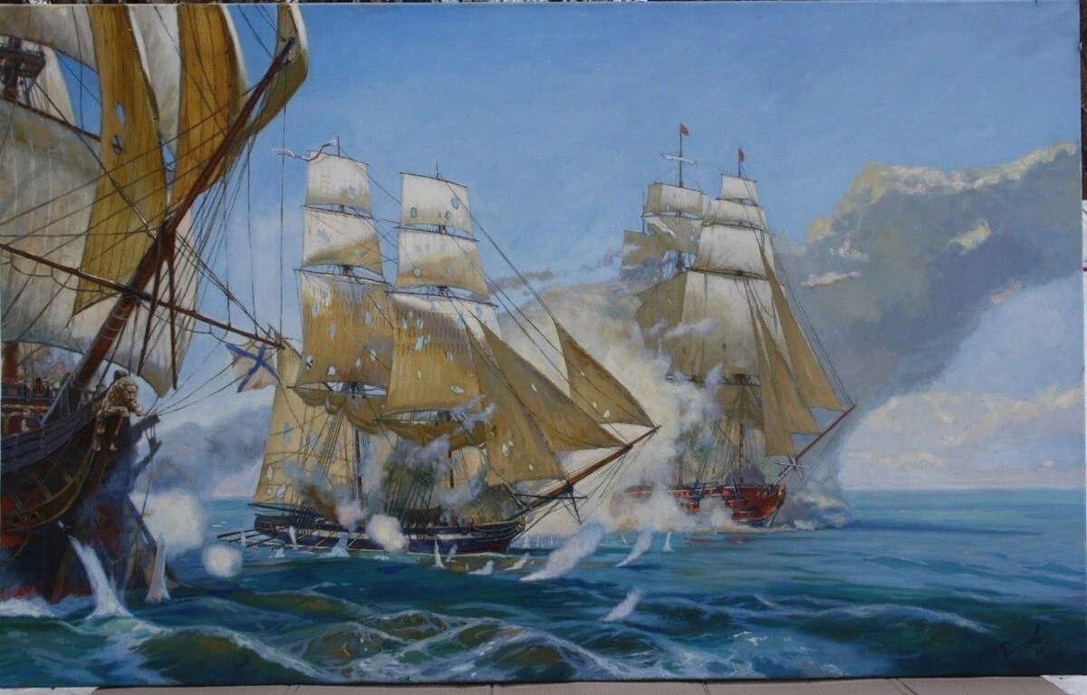 «Бой брига Меркурия с турецкими судами», художник Томилов Илья Игоревич. Холст, масло