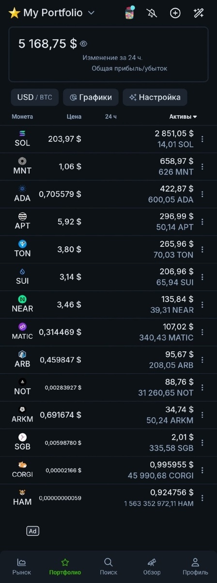 Список криптовалют в портфеле: Solana (SOL), Mantle (MNT), Cardano (ADA), Aptos (APT), Toncoin (TON), Sui (SUI), Near Protocol (NEAR), Polygon (MATIC), Arbitrum (ARB), Notcoin (NOT), Arkham (ARKM), Songbird (SGB), Corgi Coin (CORGI), Hamster (HAM).