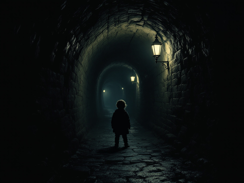 Тёмный подземный туннель в Эдинбурге, с фигурой ребёнка