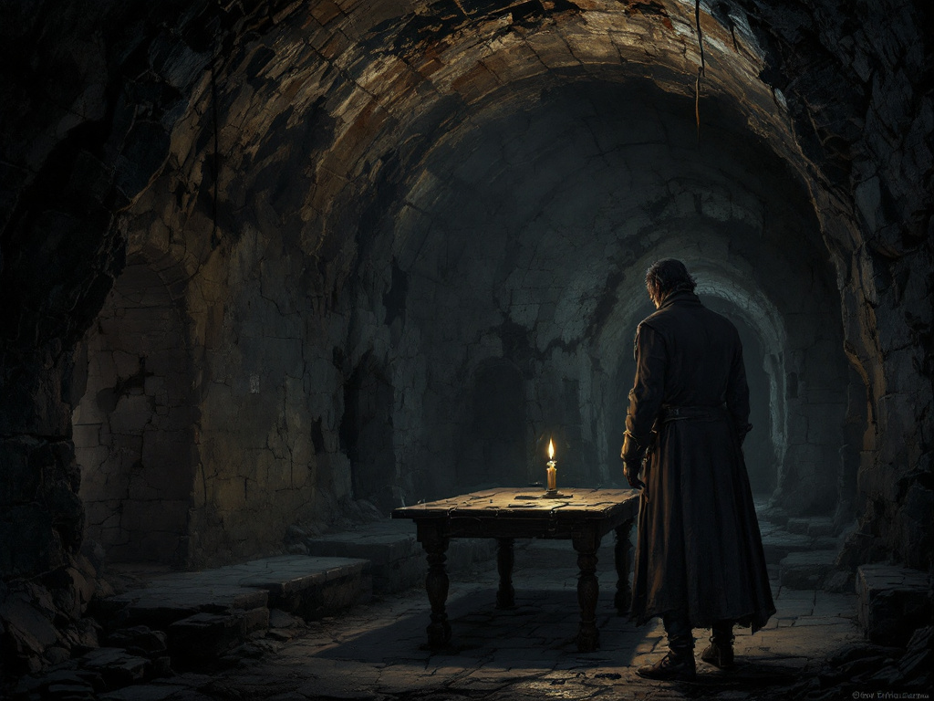 Подземные своды Южного моста, с горящей свечой и призраком в углу.