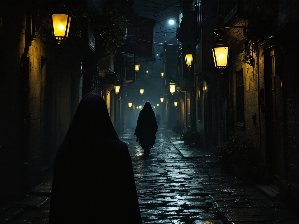 Узкая улица в Стамбуле ночью, освещенная мерцающими фонарями, с призрачной фигурой женщины в вуали, стоящей в конце улицы.