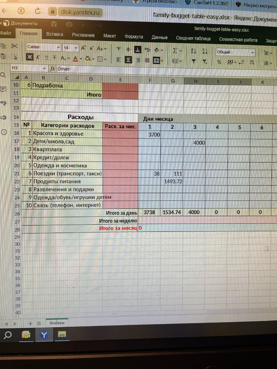 Фото таблицы моих расходов на сегодня 03.02